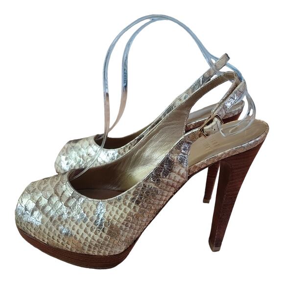 Stuart Weitzman Snakeskin Peep Toe Slingback Wood Platform 5" Pump Heels Sz 7.5 - Picture 2 of 10